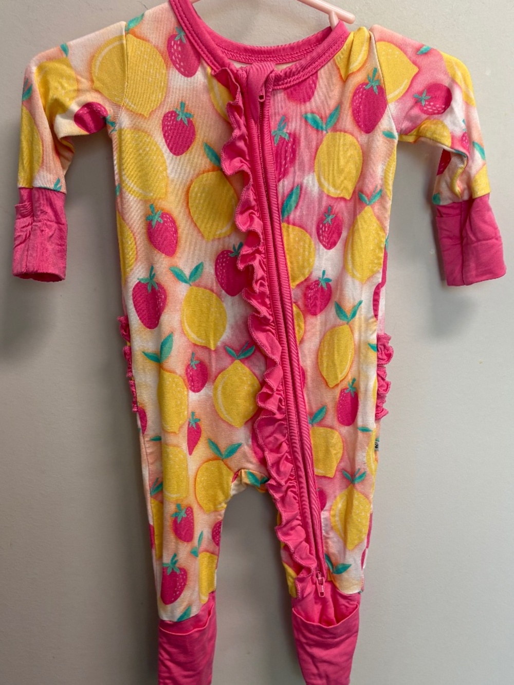 Birdie Bean Newborn Pink and Yellow Bamboo Viscose Ruffle Zip Romper Sleeper